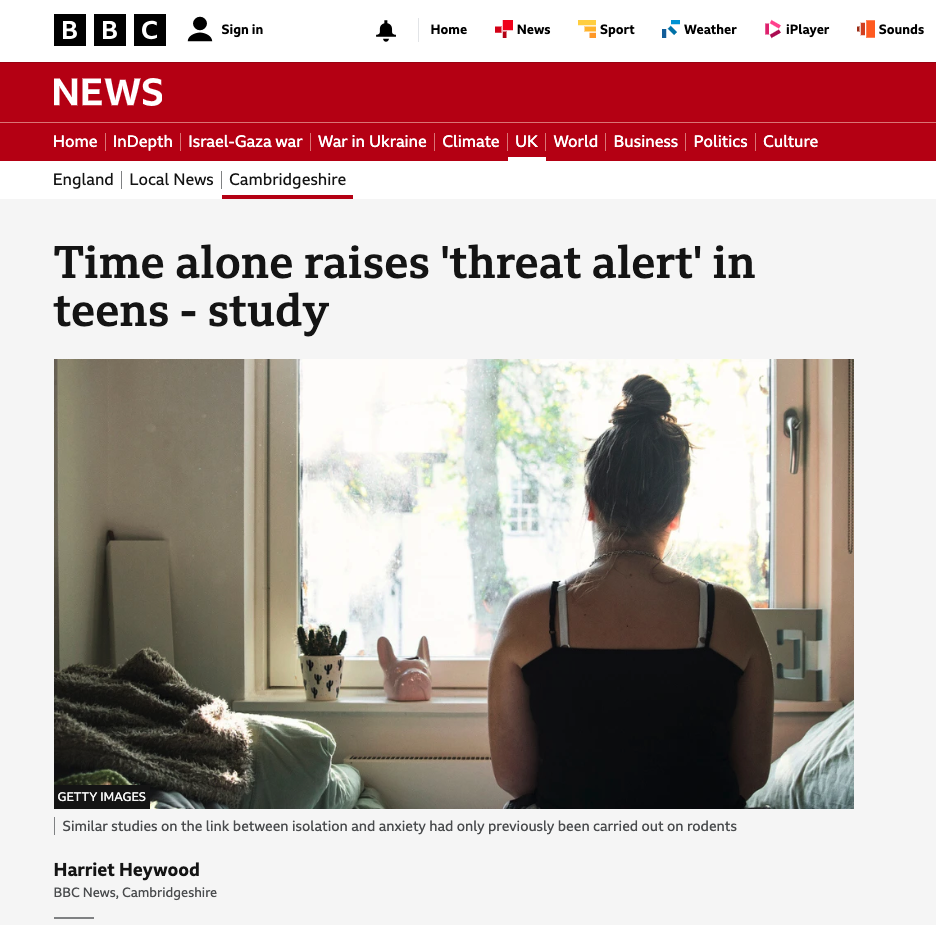BBC: Time Alone Raises Threat Alert in Teens