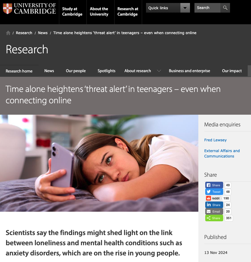 Cambridge: Time Alone Heightens Threat Alert in Teenagers