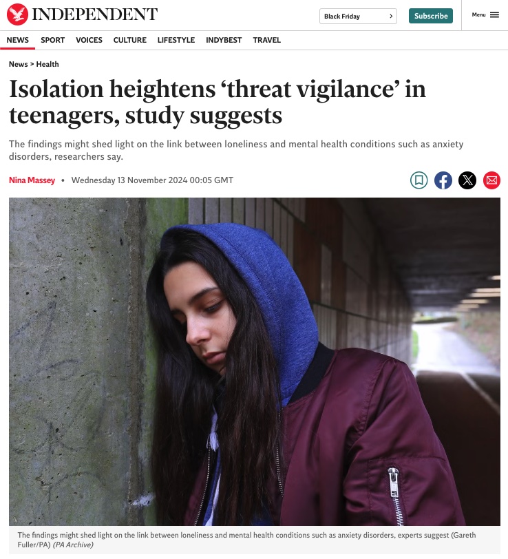 The Independent: Isolation Heightens Threat Vigilance in Teenagers