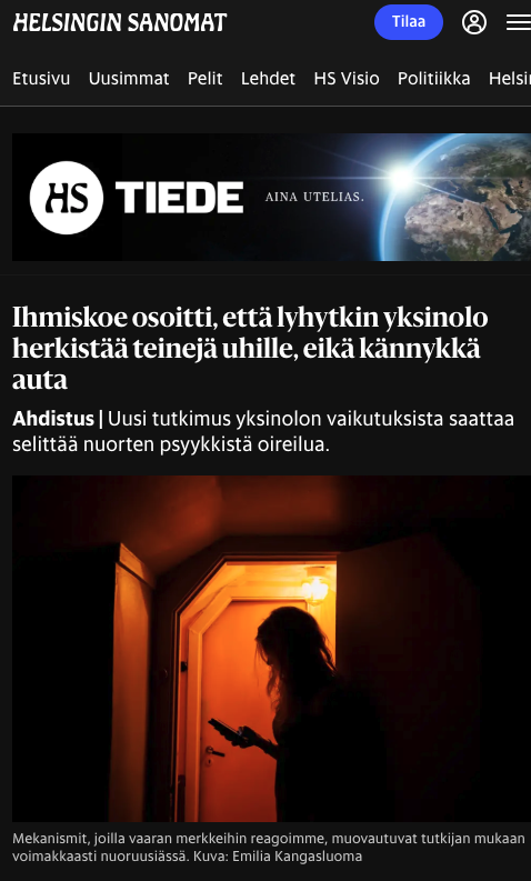 Helsingin Sanomat: Brief Solitude Sensitizes Teens to Threats