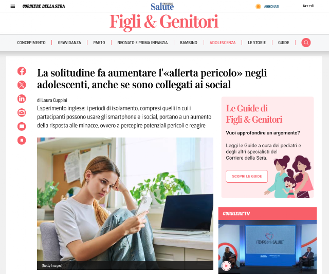 Corriere della Sera: Loneliness Increases the Danger Alert in Adolescents